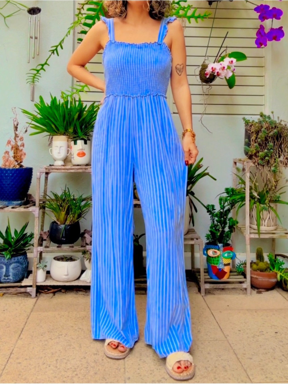 H&M Blue & White Striped Smocked Wide-Leg Jumpsuit